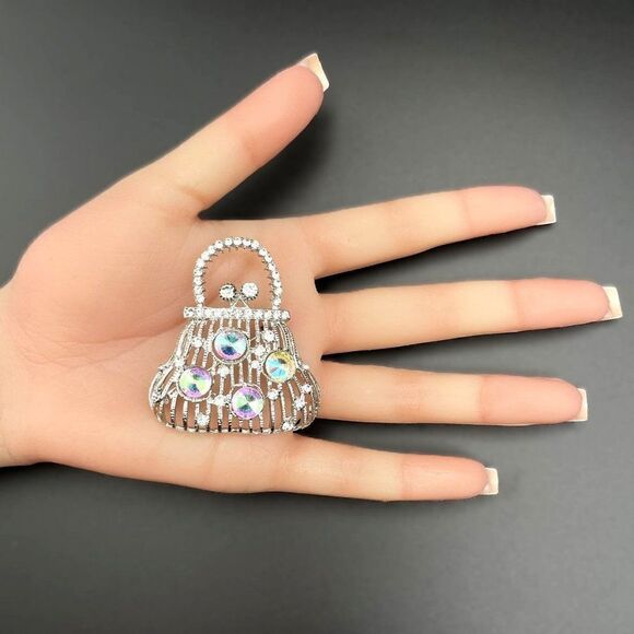 Silver with White Diamond and AB Crystal Lady Handbag Purse Pin Back Brooch - Picture 7 of 7